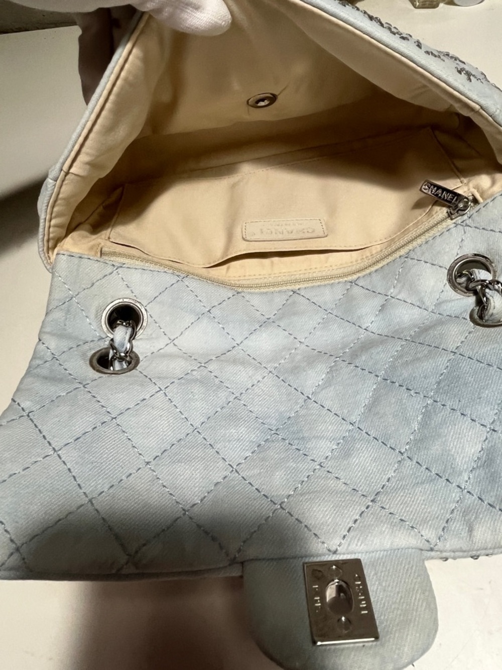 CHANEL Light Blue Quilted Crystal-Studded Shoulder Bag - Picture 11 of 16